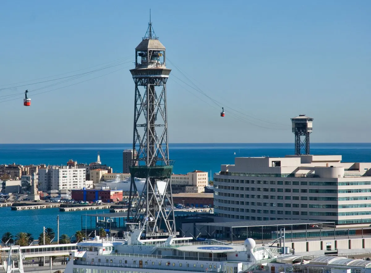 Port Vell waterfront and cable cars in Barcelona