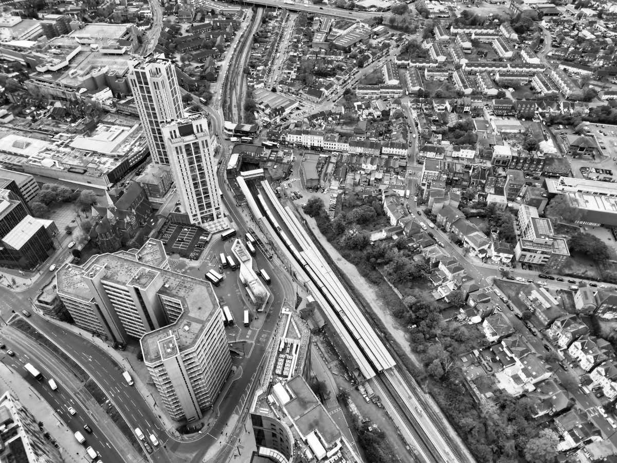 Train and bus station buildings seen from above