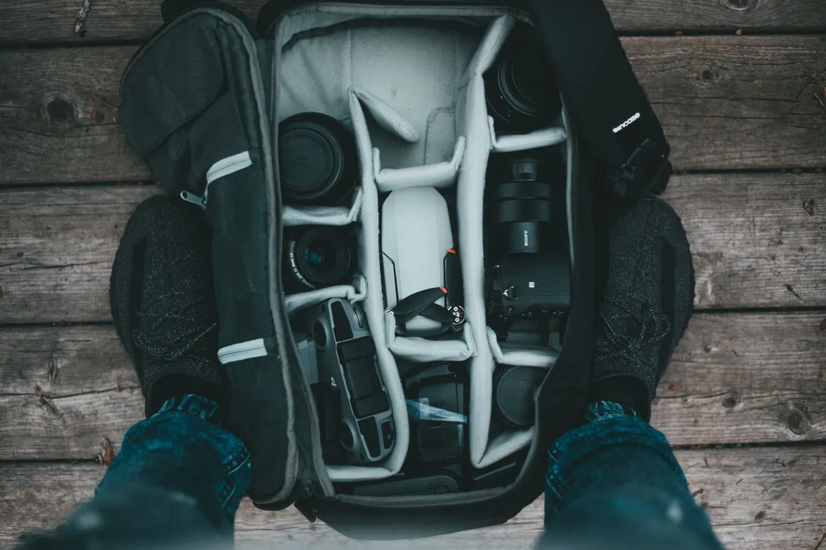 Camera equipment inside a padded bag