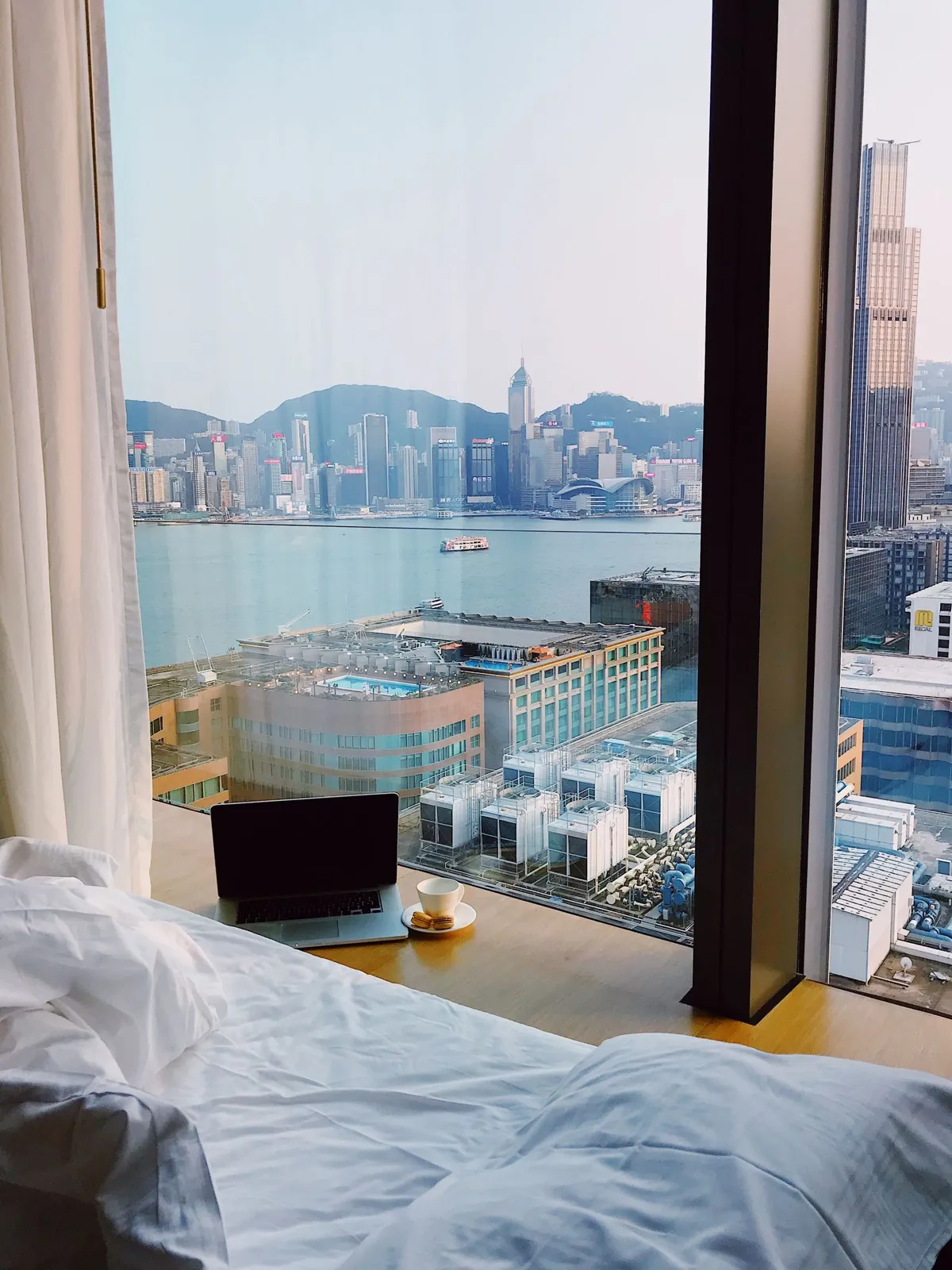 Laptop and coffee beside a hotel window